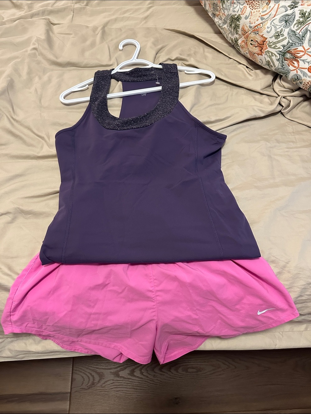 Tuff athletic Women’s Deep Purple Tankini with Bright Pink joggers Shorts Nike